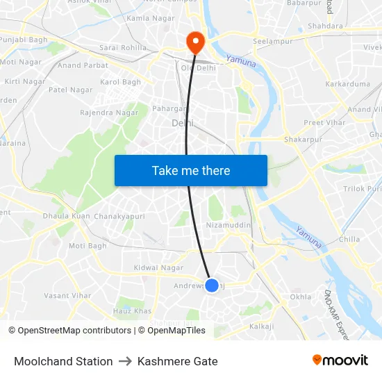 Moolchand Station to Kashmere Gate map