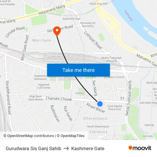 Gurudwara Sis Ganj Sahib to Kashmere Gate map