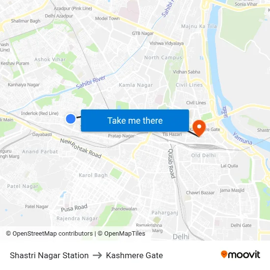 Shastri Nagar Station to Kashmere Gate map