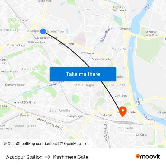 Azadpur Station to Kashmere Gate map