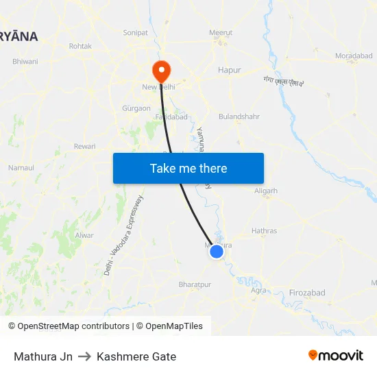Mathura Jn to Kashmere Gate map