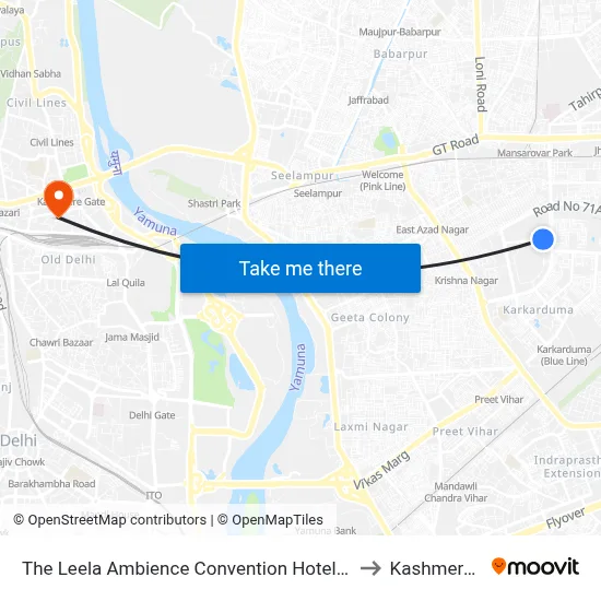 The Leela Ambience Convention Hotel Delhi New Delhi to Kashmere Gate map
