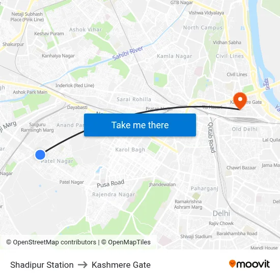 Shadipur Station to Kashmere Gate map