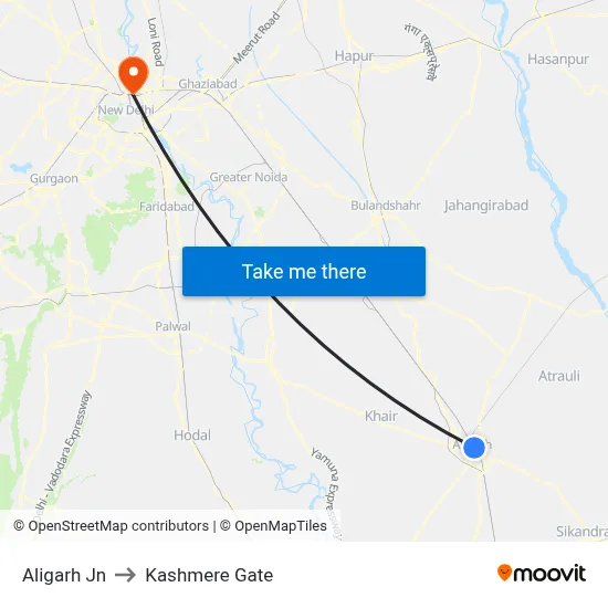 Aligarh Jn to Kashmere Gate map