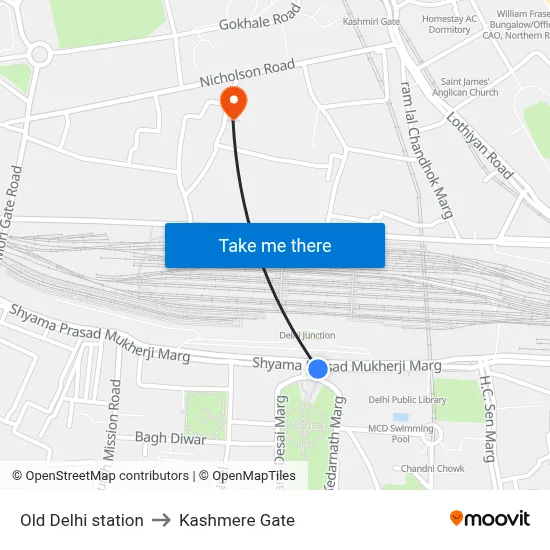 Old Delhi station to Kashmere Gate map