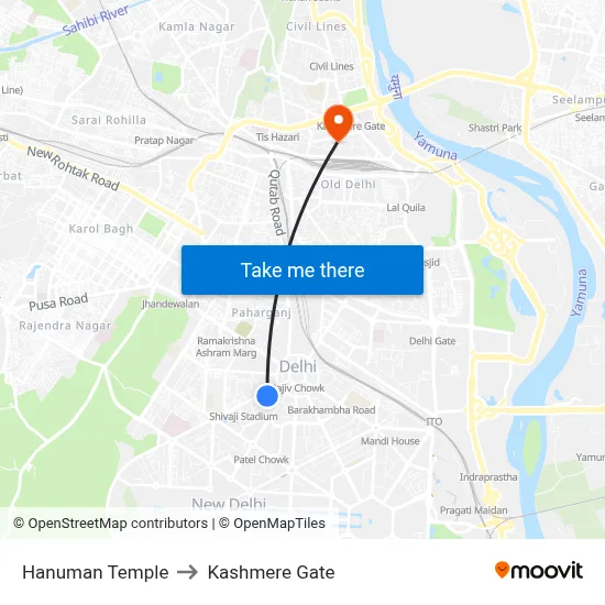 Hanuman Temple to Kashmere Gate map