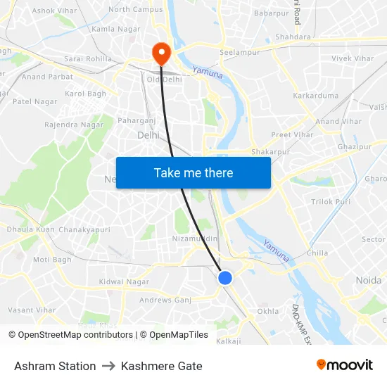 Ashram Station to Kashmere Gate map