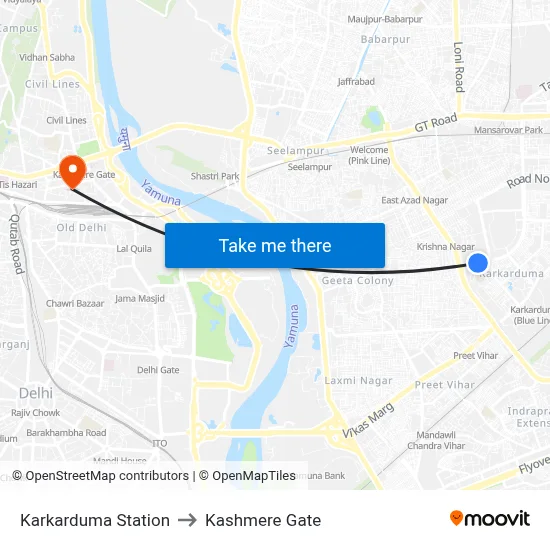Karkarduma Station to Kashmere Gate map