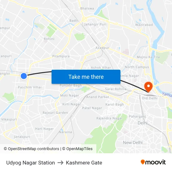 Udyog Nagar Station to Kashmere Gate map