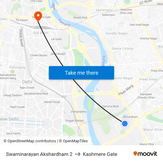 Swaminarayan Akshardham 2 to Kashmere Gate map
