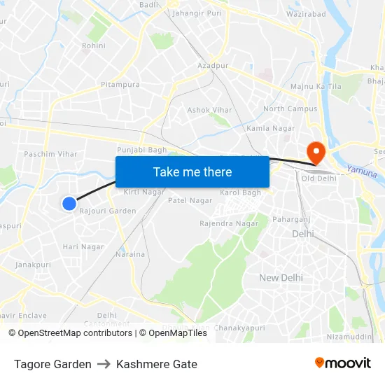 Tagore Garden to Kashmere Gate map