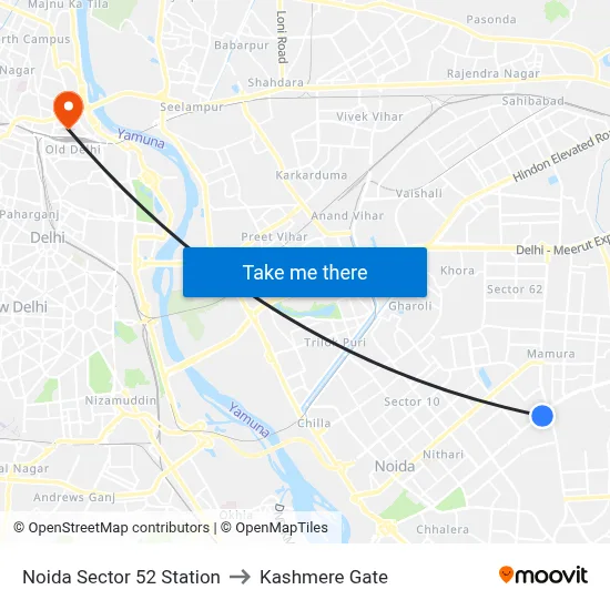 Noida Sector 52 Station to Kashmere Gate map