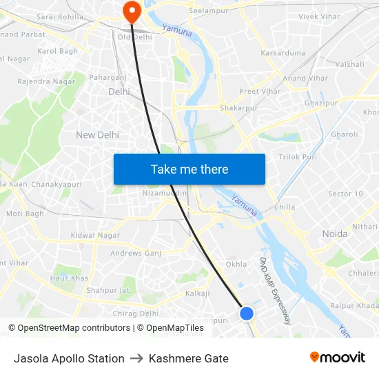 Jasola Apollo Station to Kashmere Gate map