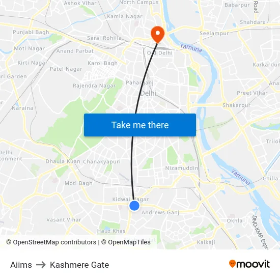 Aiims to Kashmere Gate map