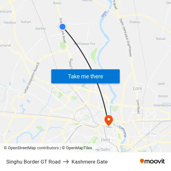 Singhu Border GT Road to Kashmere Gate map
