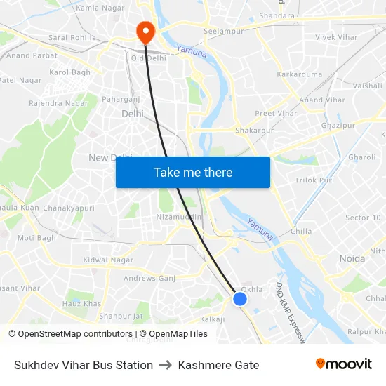 Sukhdev Vihar Bus Station to Kashmere Gate map