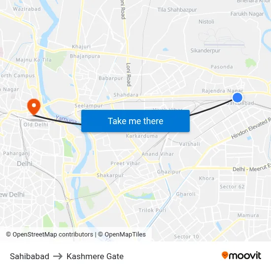 Sahibabad to Kashmere Gate map