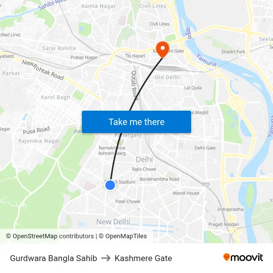 Gurdwara Bangla Sahib to Kashmere Gate map