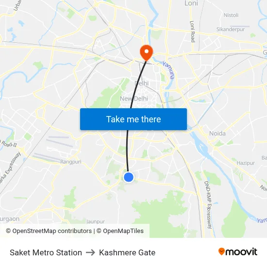 Saket Metro Station to Kashmere Gate map
