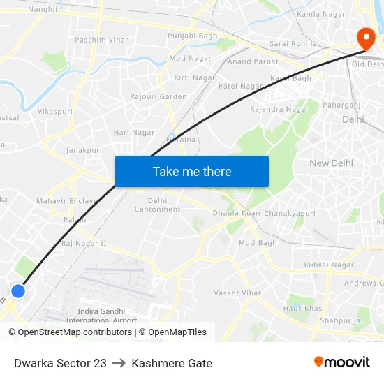 Dwarka Sector 23 to Kashmere Gate map