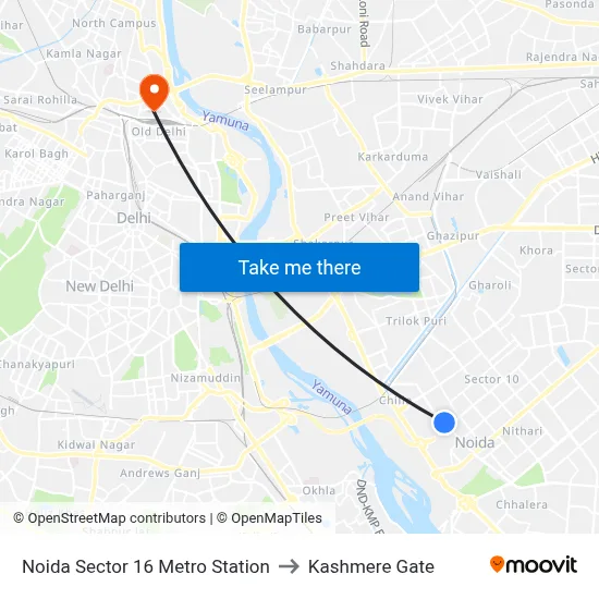 Noida Sector 16 Metro Station to Kashmere Gate map
