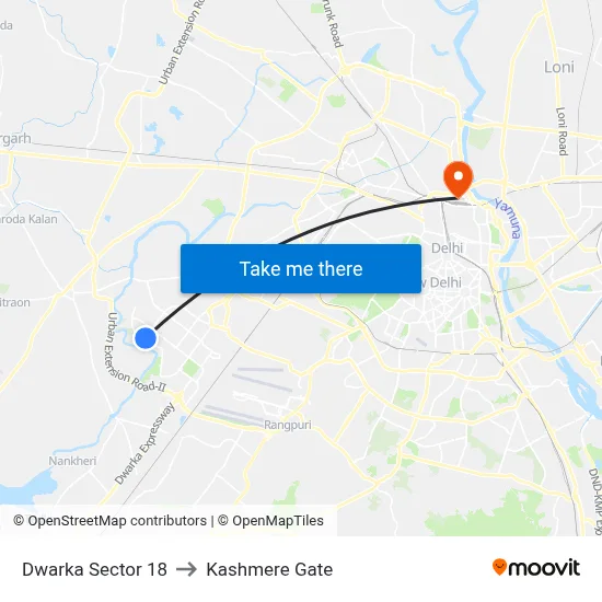 Dwarka Sector 18 to Kashmere Gate map