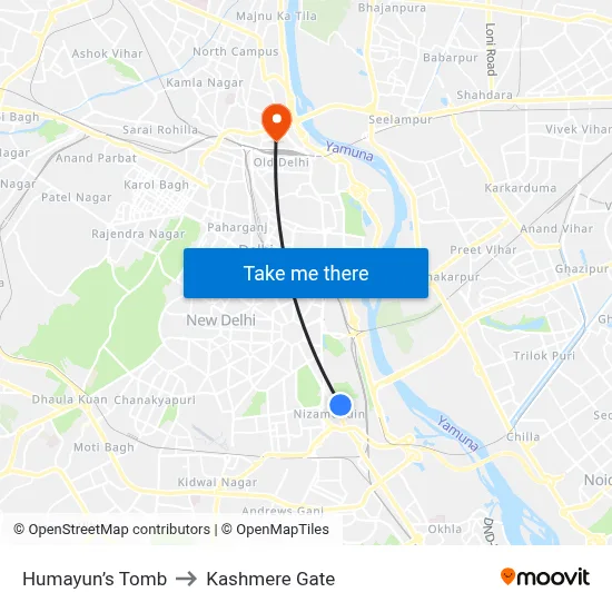 Humayun’s Tomb to Kashmere Gate map
