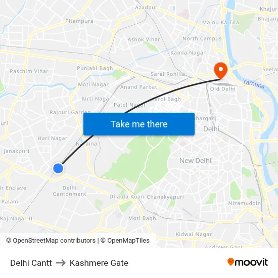 Delhi Cantt to Kashmere Gate map