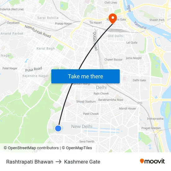 Rashtrapati Bhawan to Kashmere Gate map