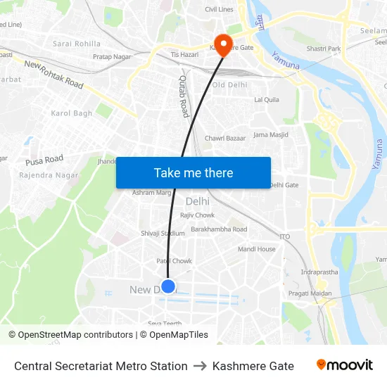 Central Secretariat Metro Station to Kashmere Gate map