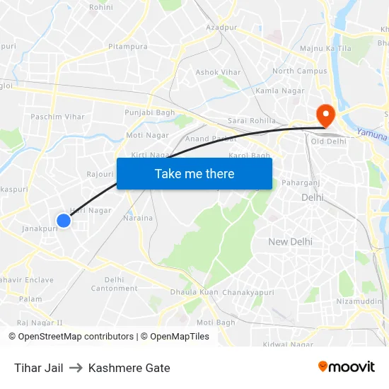 Tihar Jail to Kashmere Gate map