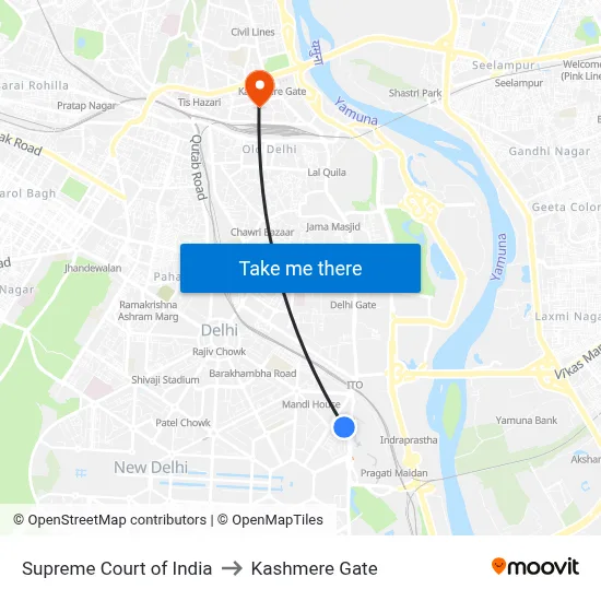 Supreme Court of India to Kashmere Gate map