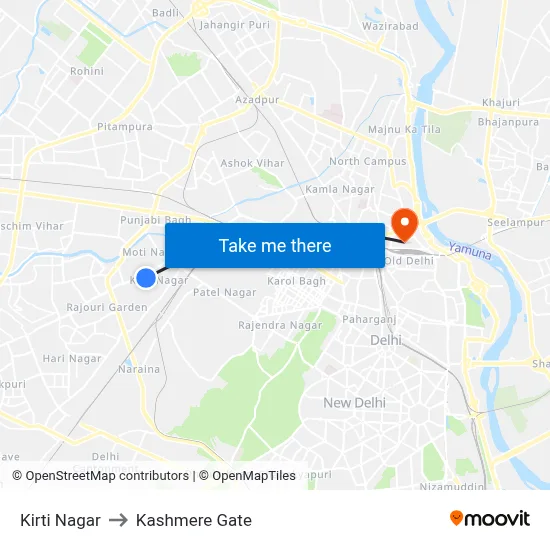 Kirti Nagar to Kashmere Gate map