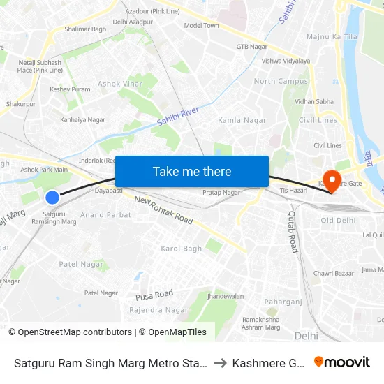 Satguru Ram Singh Marg Metro Station to Kashmere Gate map