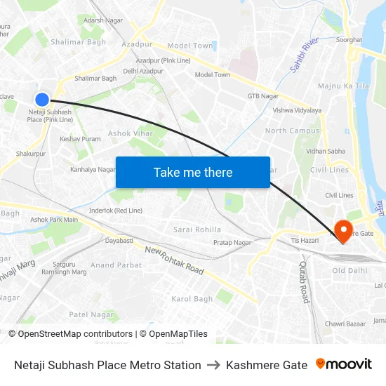 Netaji Subhash Place Metro Station to Kashmere Gate map