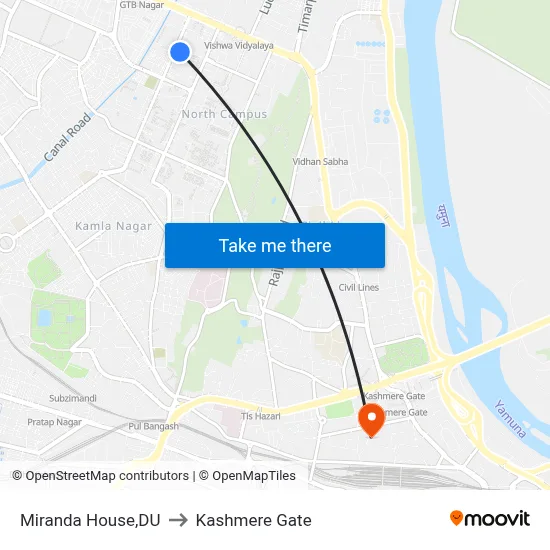 Miranda House,DU to Kashmere Gate map