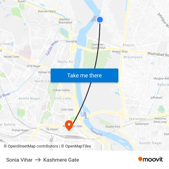 Sonia Vihar to Kashmere Gate map