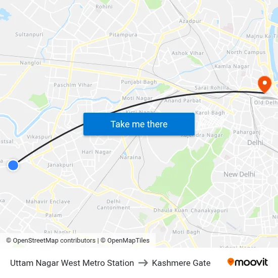 Uttam Nagar West Metro Station to Kashmere Gate map