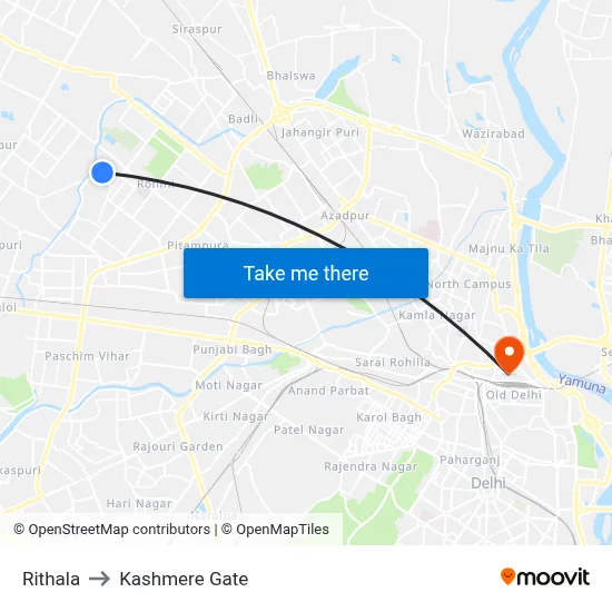 Rithala to Kashmere Gate map