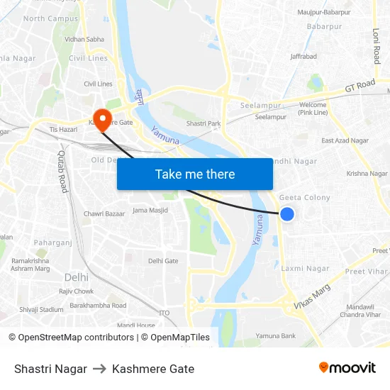 Shastri Nagar to Kashmere Gate map