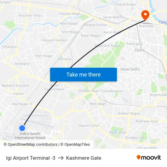 Igi Airport Terminal -3 to Kashmere Gate map