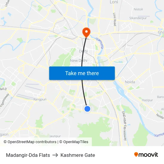 Madangir-Dda Flats to Kashmere Gate map