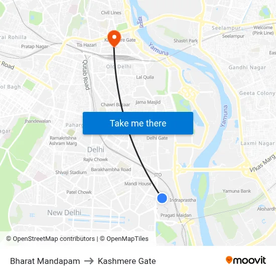 Bharat Mandapam to Kashmere Gate map