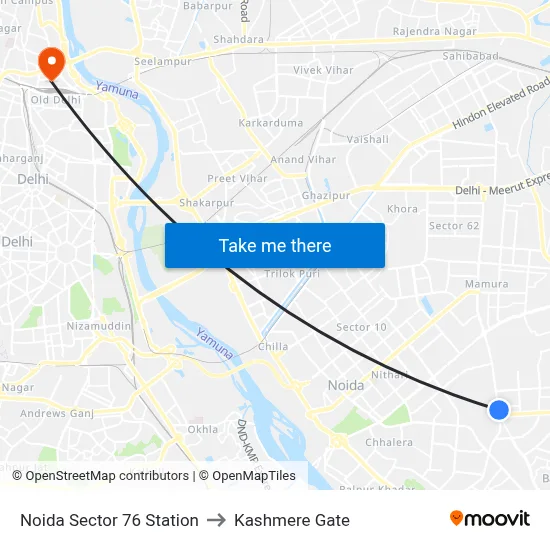 Noida Sector 76 Station to Kashmere Gate map