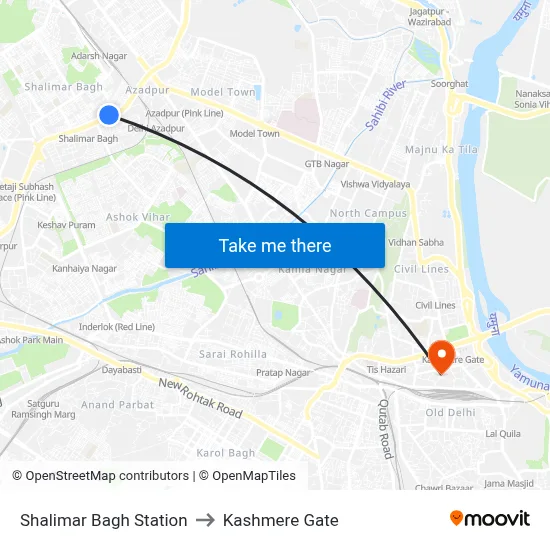 Shalimar Bagh Station to Kashmere Gate map