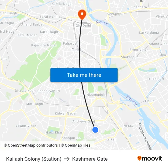 Kailash Colony (Station) to Kashmere Gate map