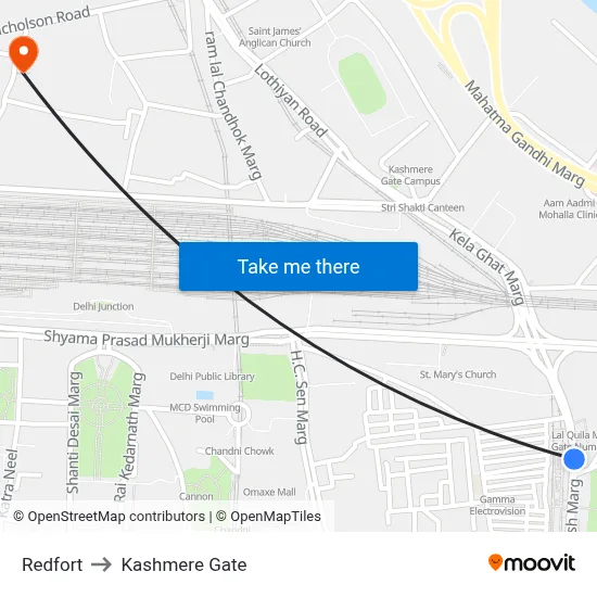 Redfort to Kashmere Gate map
