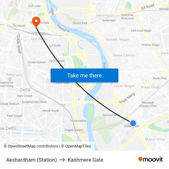 Akshardham (Station) to Kashmere Gate map