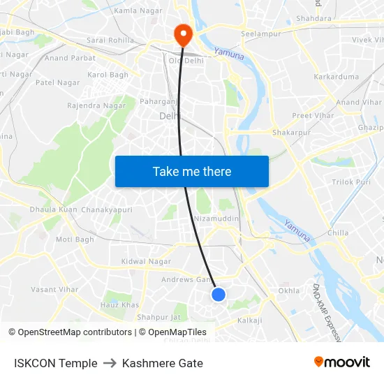 ISKCON Temple to Kashmere Gate map