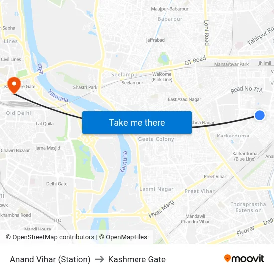 Anand Vihar (Station) to Kashmere Gate map